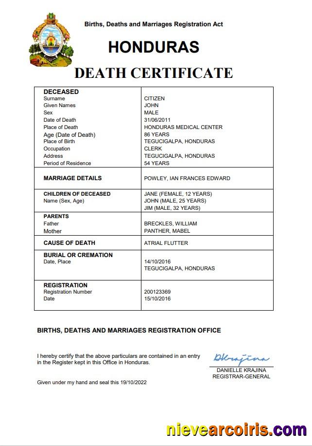 Honduras vital record death certificate